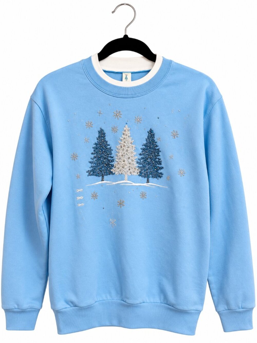 Morning Sun Blue Embellished Winter Trees Holiday Sweatshirt Small